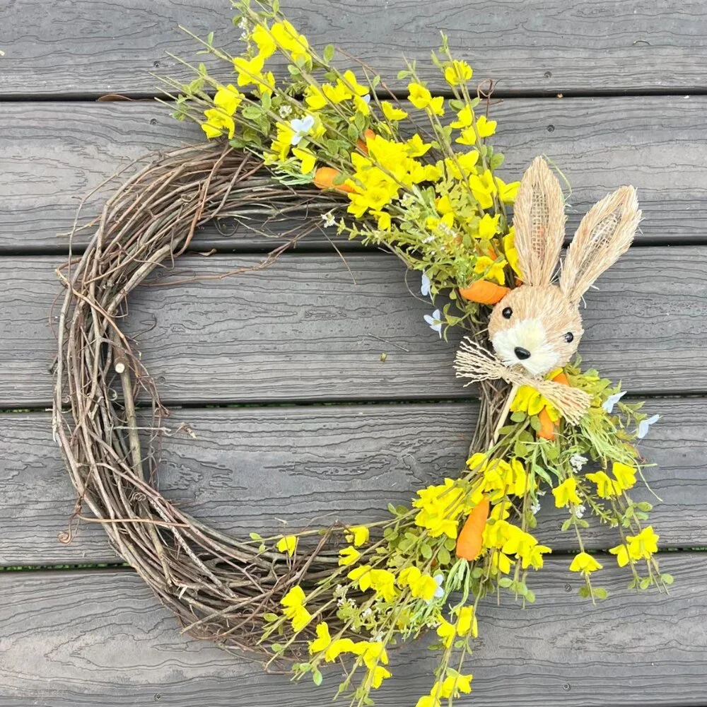 Spring Bunny Rafta Easter Wreath with Yellow Flowers with Carrots Home Decor